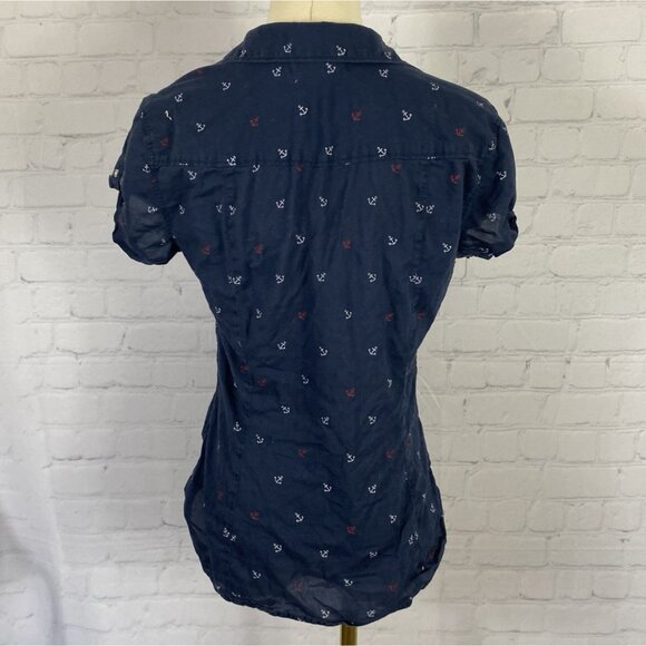 ⭐ 3/$15 LOGG Navy White Red Anchor Button Up Short Sleeve Lightweight Top - Picture 5 of 7